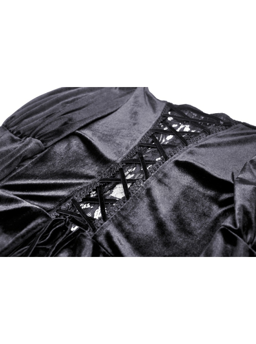 Gorgeous Retro Black Velvet Patchwork Lace Front Strap Embellished Gothic Style Long Sleeved Dress