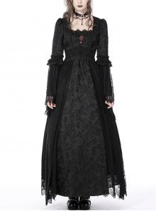 Black Gorgeous Palace Print Embroidery Chest Ruby Embellished Gothic Style Long Sleeved Dress