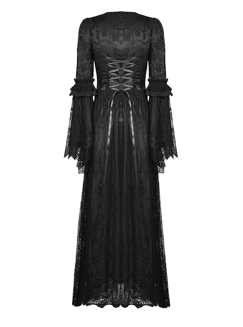 Black Gorgeous Palace Print Embroidery Chest Ruby Embellished Gothic Style Long Sleeved Dress