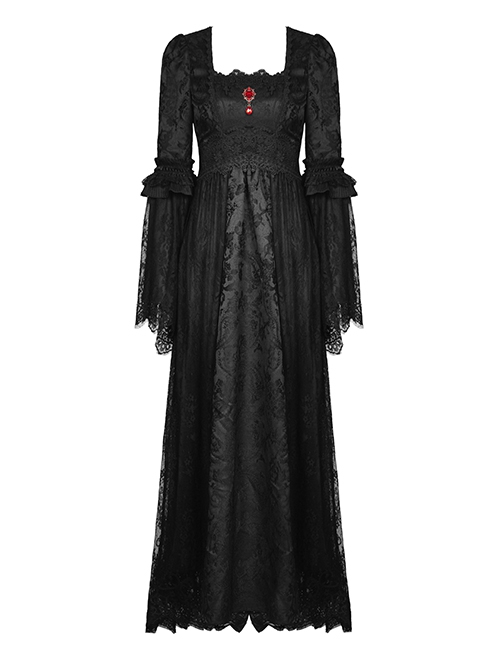 Black Gorgeous Palace Print Embroidery Chest Ruby Embellished Gothic Style Long Sleeved Dress