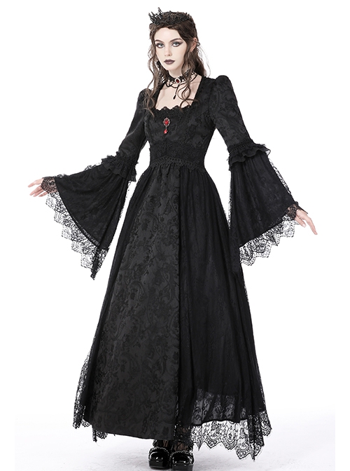 Black Gorgeous Palace Print Embroidery Chest Ruby Embellished Gothic Style Long Sleeved Dress