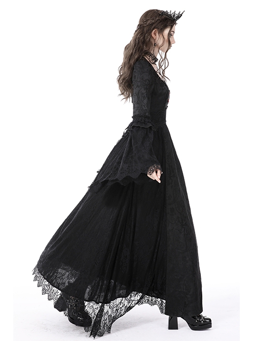 Black Gorgeous Palace Print Embroidery Chest Ruby Embellished Gothic Style Long Sleeved Dress