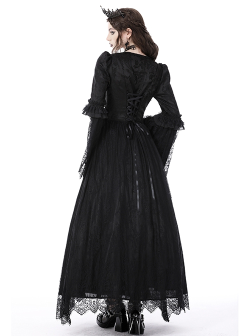 Black Gorgeous Palace Print Embroidery Chest Ruby Embellished Gothic Style Long Sleeved Dress