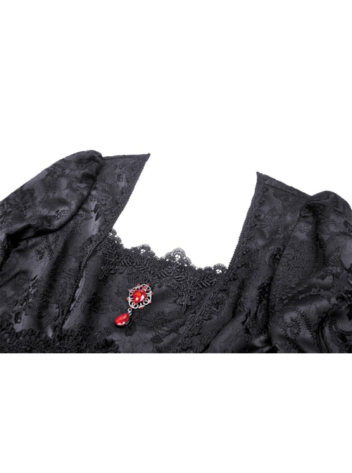 Black Gorgeous Palace Print Embroidery Chest Ruby Embellished Gothic Style Long Sleeved Dress
