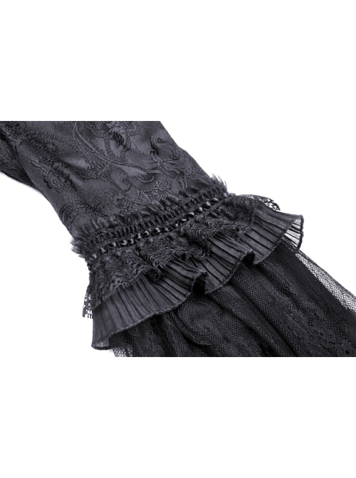 Black Gorgeous Palace Print Embroidery Chest Ruby Embellished Gothic Style Long Sleeved Dress