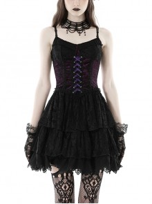 Sexy Black And Purple Nylon Lace Front And Back Cross Tie Decorated Gothic Style Mini Dress