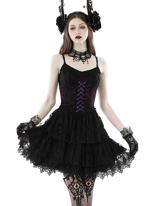 Sexy Black And Purple Nylon Lace Front And Back Cross Tie Decorated Gothic Style Mini Dress