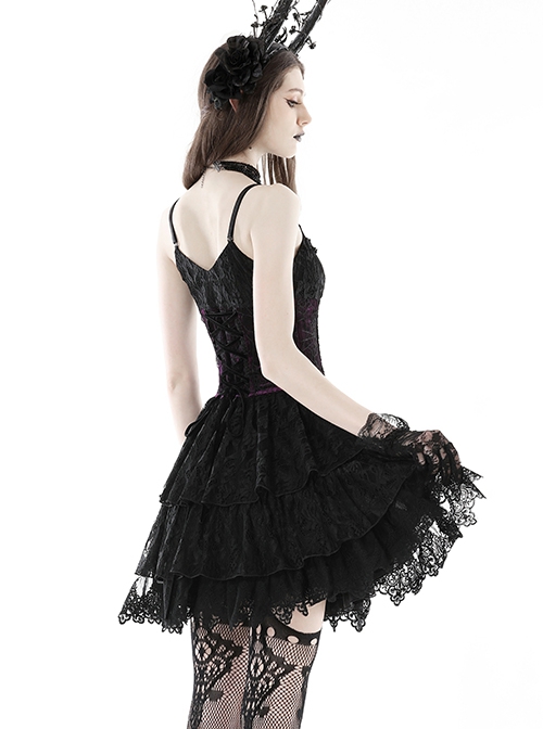Sexy Black And Purple Nylon Lace Front And Back Cross Tie Decorated Gothic Style Mini Dress