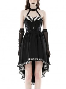 Black Sexy Cross Tie Striped High Low Hem Punk Style Prom Dress