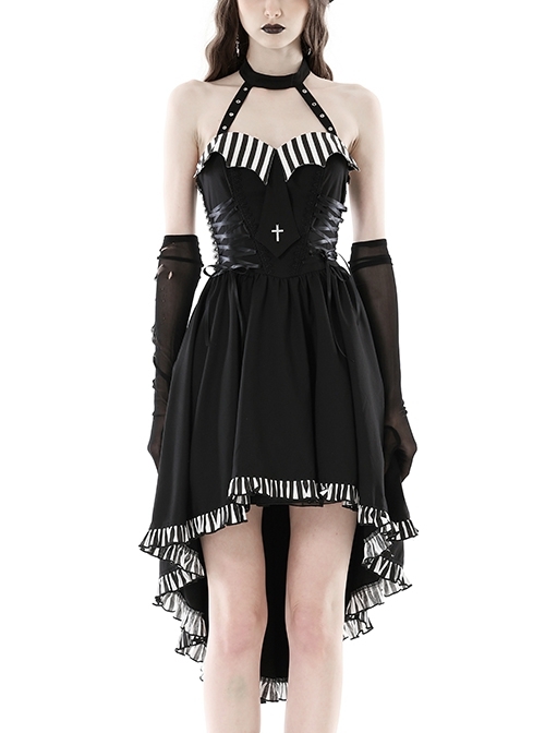 Black Sexy Cross Tie Striped High Low Hem Punk Style Prom Dress