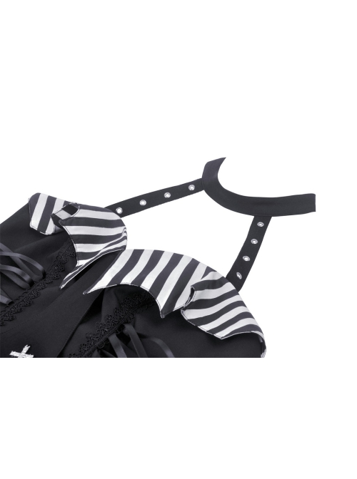Black Sexy Cross Tie Striped High Low Hem Punk Style Prom Dress