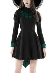 Simple Black And Green Stand Collar Pleated Gothic Style Long Sleeved Dress With Tail