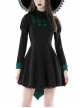 Simple Black And Green Stand Collar Pleated Gothic Style Long Sleeved Dress With Tail