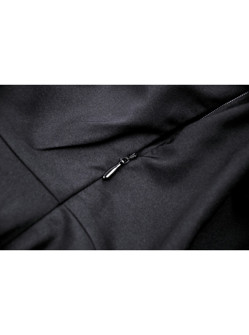 Simple Black And Green Stand Collar Pleated Gothic Style Long Sleeved Dress With Tail