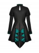 Simple Black And Green Stand Collar Pleated Gothic Style Long Sleeved Dress With Tail