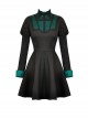 Simple Black And Green Stand Collar Pleated Gothic Style Long Sleeved Dress With Tail