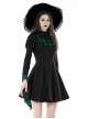 Simple Black And Green Stand Collar Pleated Gothic Style Long Sleeved Dress With Tail