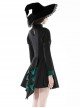 Simple Black And Green Stand Collar Pleated Gothic Style Long Sleeved Dress With Tail