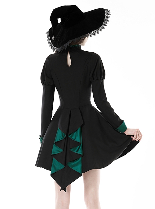 Simple Black And Green Stand Collar Pleated Gothic Style Long Sleeved Dress  With Tail - Magic Wardrobes