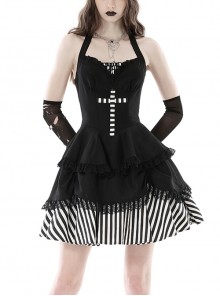 Black Halter Neck Cross Pattern Lace Front And Back Gothic Prom Dress