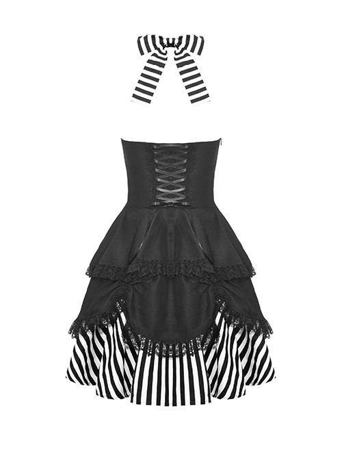 Black Halter Neck Cross Pattern Lace Front And Back Gothic Prom Dress
