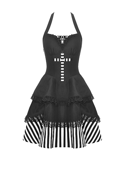 Black Halter Neck Cross Pattern Lace Front And Back Gothic Prom Dress