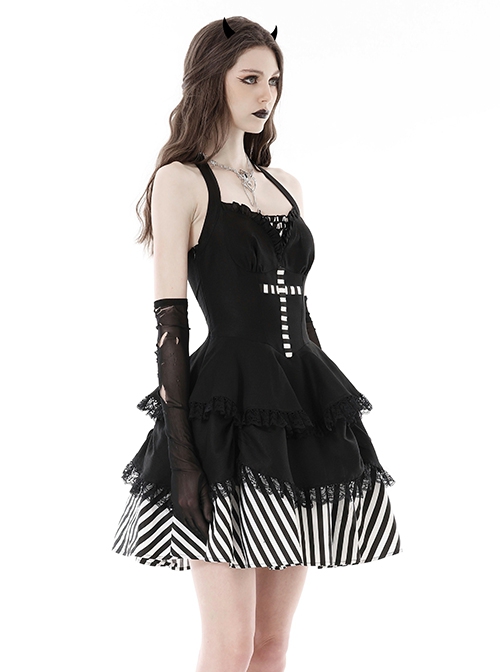Black Halter Neck Cross Pattern Lace Front And Back Gothic Prom Dress