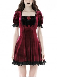 Burgundy Velvet Romantic Lace With Rose Decoration On The Chest Gothic Short Sleeved Dress
