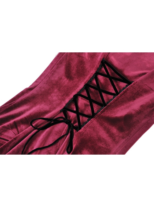 Burgundy Velvet Romantic Lace With Rose Decoration On The Chest Gothic Short Sleeved Dress