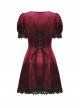 Burgundy Velvet Romantic Lace With Rose Decoration On The Chest Gothic Short Sleeved Dress