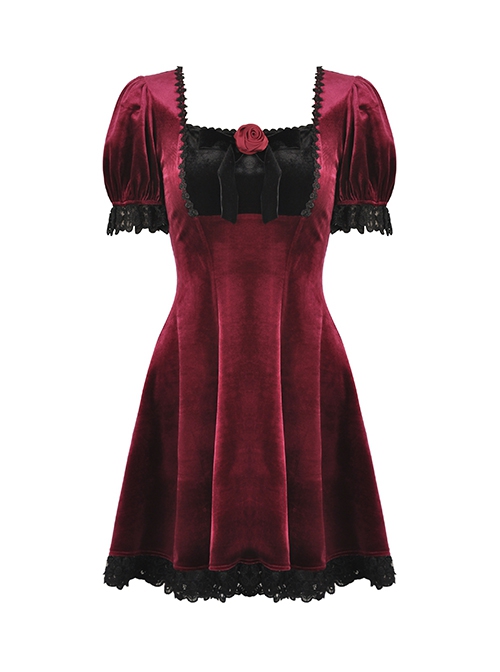 Burgundy Velvet Romantic Lace With Rose Decoration On The Chest Gothic Short Sleeved Dress