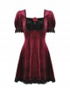 Burgundy Velvet Romantic Lace With Rose Decoration On The Chest Gothic Short Sleeved Dress