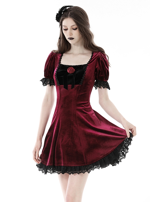 Burgundy Velvet Romantic Lace With Rose Decoration On The Chest Gothic Short Sleeved Dress