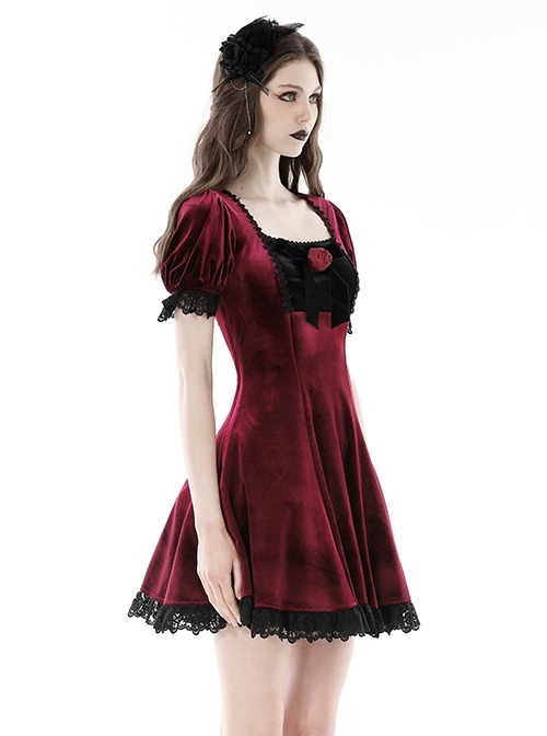 Burgundy Velvet Romantic Lace With Rose Decoration On The Chest Gothic Short Sleeved Dress