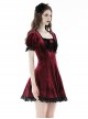 Burgundy Velvet Romantic Lace With Rose Decoration On The Chest Gothic Short Sleeved Dress