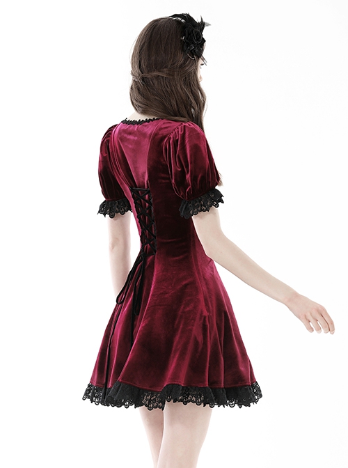 Burgundy Velvet Romantic Lace With Rose Decoration On The Chest Gothic Short Sleeved Dress