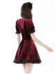 Burgundy Velvet Romantic Lace With Rose Decoration On The Chest Gothic Short Sleeved Dress