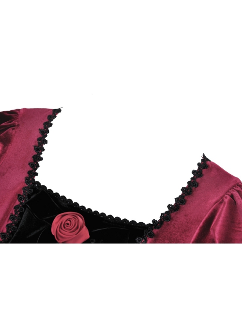 Burgundy Velvet Romantic Lace With Rose Decoration On The Chest Gothic Short Sleeved Dress