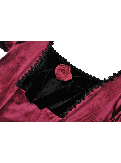 Burgundy Velvet Romantic Lace With Rose Decoration On The Chest Gothic Short Sleeved Dress