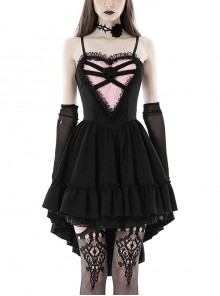Personalized Pink Rose Love Delicate Lace High Low Hem Gothic Black Suspender Dress