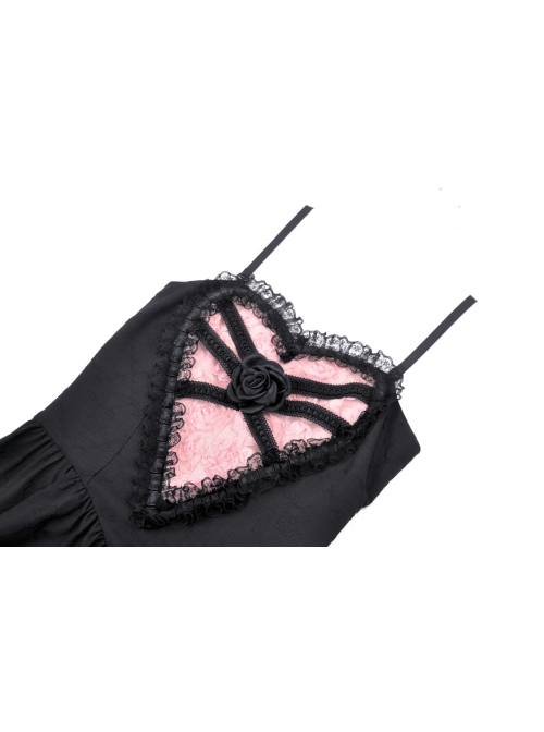Personalized Pink Rose Love Delicate Lace High Low Hem Gothic Black Suspender Dress