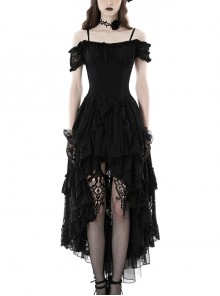 Elegant Black Lace Swallowtail Off Shoulder Gothic Suspender Short Sleeved Dress