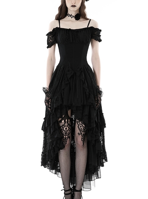 Elegant Black Lace Swallowtail Off Shoulder Gothic Suspender Short Sleeved Dress