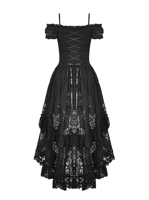 Elegant Black Lace Swallowtail Off Shoulder Gothic Suspender Short Sleeved  Dress - Magic Wardrobes