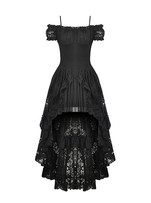 Elegant Black Lace Swallowtail Off Shoulder Gothic Suspender Short Sleeved Dress