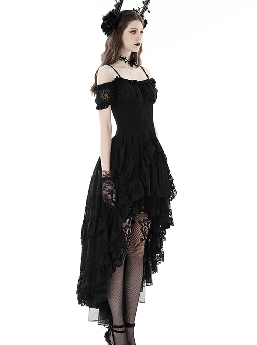 Elegant Black Lace Swallowtail Off Shoulder Gothic Suspender Short Sleeved Dress