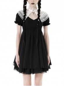 Black Woven Splicing White Waistcoat With Cross On The Front And Back Bow Tail Gothic Style Short Sleeved Dress