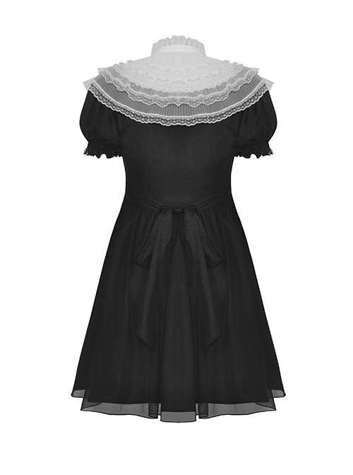 Black Woven Splicing White Waistcoat With Cross On The Front And Back Bow Tail Gothic Style Short Sleeved Dress