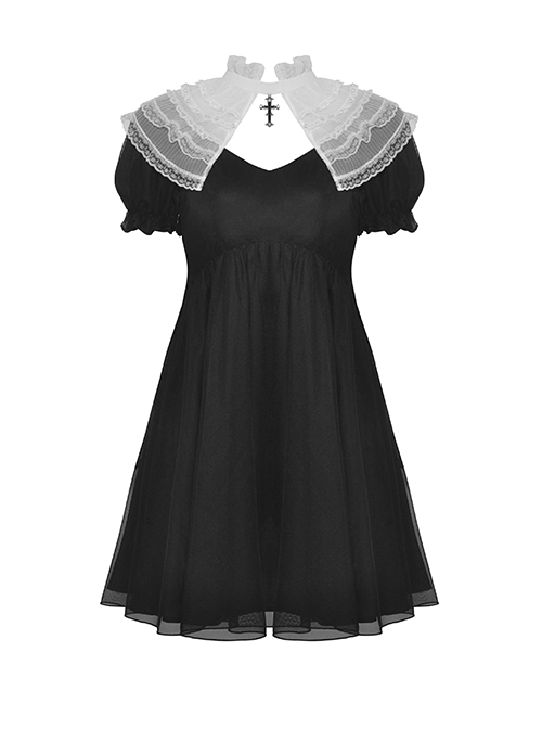 Black Woven Splicing White Waistcoat With Cross On The Front And Back Bow Tail Gothic Style Short Sleeved Dress