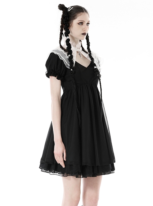 Black Woven Splicing White Waistcoat With Cross On The Front And Back Bow Tail Gothic Style Short Sleeved Dress